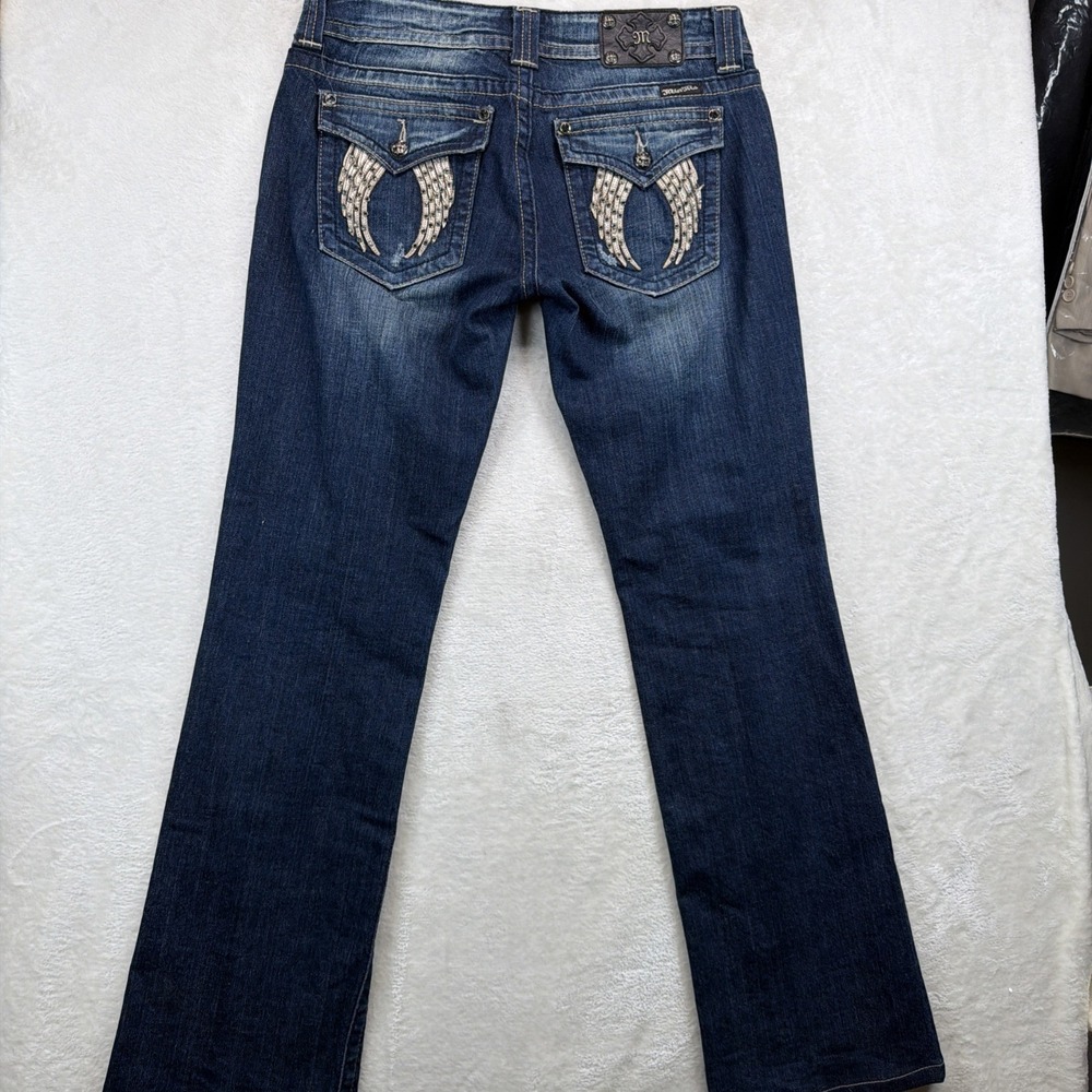 Miss Me Bootcut Jeans Womens 31 Blue Rhinestone Angel Wing Flap Pocket Low Rise - Picture 9 of 10